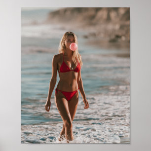 Red bikini Woman at Ocean Cute Bubble Gum Bubble Poster