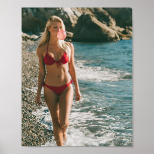 Red bikini Woman at Ocean Cute Bubble Gum Bubble Poster