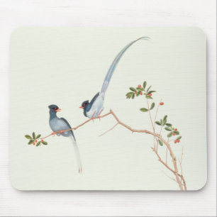 Red-billed blue magpies,a branch red berries mouse pad