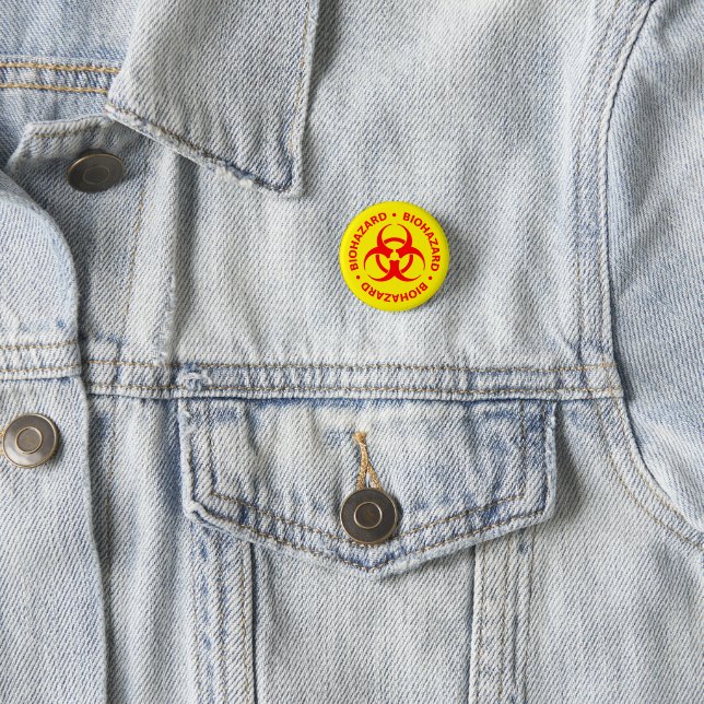 Red Biohazard Warning Button Pin (In Situ)