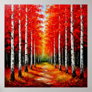 Red Birch Forest Pathway Capturing the Beauty Poster