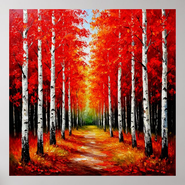 Red Birch Forest Pathway Capturing the Beauty Poster (Front)