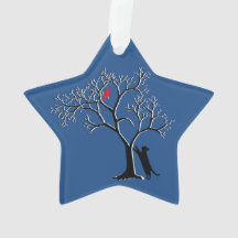 Red bird and black cat star ornament