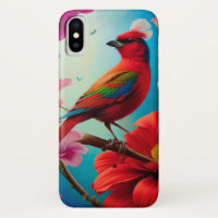 Red bird and flowers