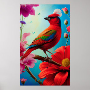 Red bird and flowers poster