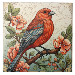Red Bird and Peach Flowers Art Nouveau Ceramic Tile