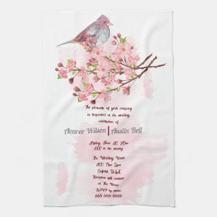 Red Bird and Pink Cherry Blossoms Invitation  Tea Towel