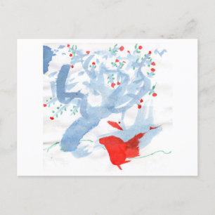 Red bird and red-berried tree postcard