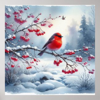 Red Bird and Winter Landscape 13 Poster