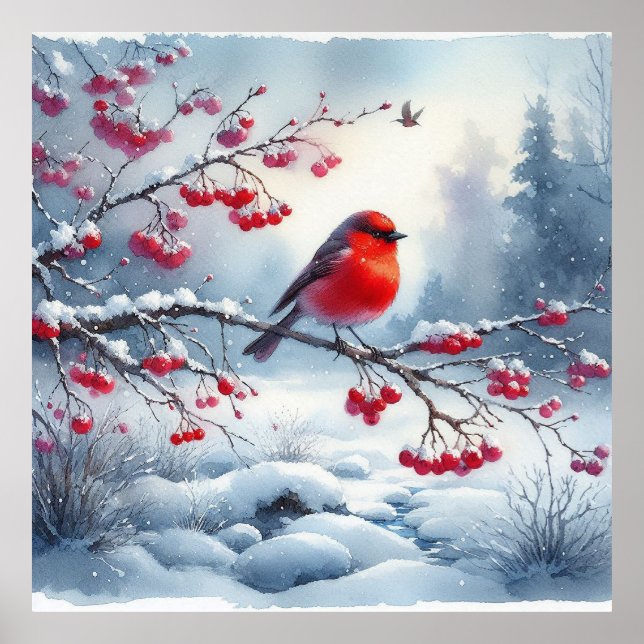 Red Bird and Winter Landscape 13 Poster (Front)