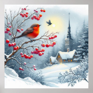 Red Bird and Winter Landscape 4 Poster