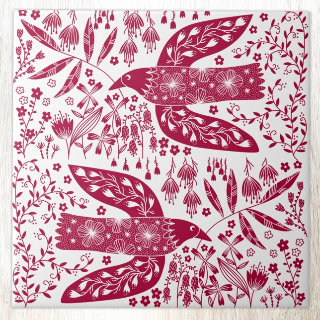 Red Bird Art Ceramic Tile (Red and white folk art style peace doves and flowers bird art ceramic tile)