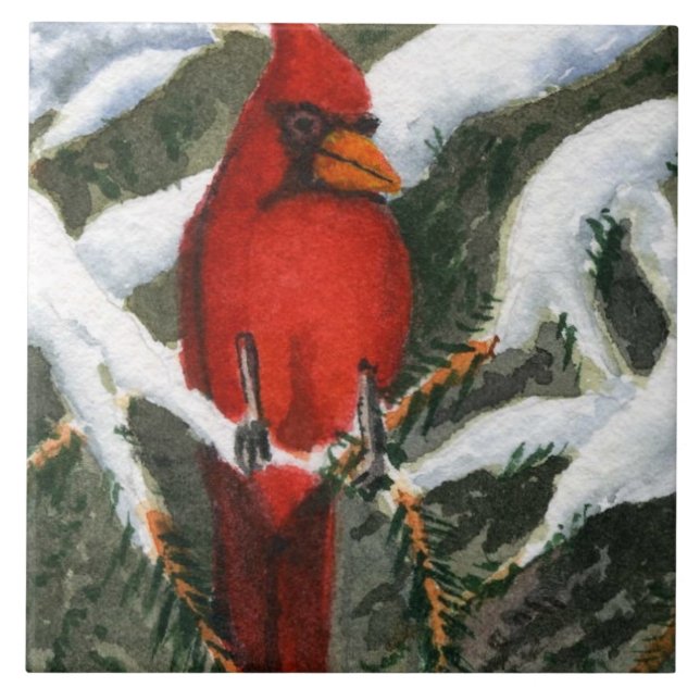 Red Bird Cardinal in the snow covered pines Ceramic Tile (Front)