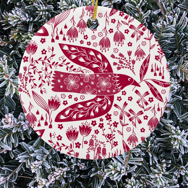Red Bird Ceramic Ornament (Red and white peace dove art Christmas ornament)