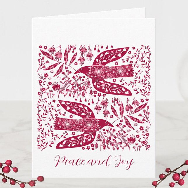 Red Bird Christmas Note Card (Peace doves red and white bird and flower Holiday card)