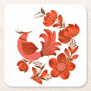 Red Bird & Floral Folk Art Coaster