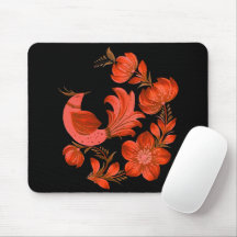 Red Bird & Floral Folk Art Mouse Pad on Black