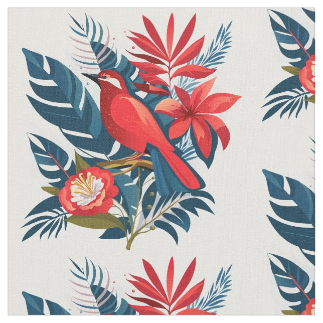 Red bird & flowers pattern Winter Holiday Artistic Fabric (Close Up)