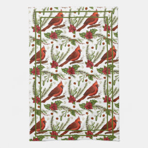 Red Bird, holly leaves, poinsettia, pine  Tea Towel