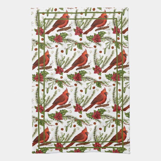 Red Bird, holly leaves, poinsettia, pine  Tea Towel (Vertical)