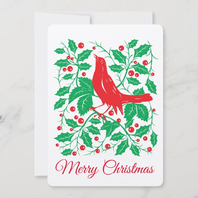 Red Bird & Holly with Berries Flat Holiday Card (Front)