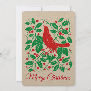 Red Bird & Holly with Berries Flat Holiday Card