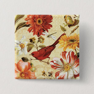 Red Bird in a Flower Garden 15 Cm Square Badge