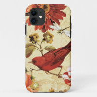Red Bird in a Flower Garden