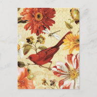 Red Bird in a Flower Garden