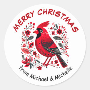 Red Bird Nordic Pattern Christmas Classic Round Sticker
