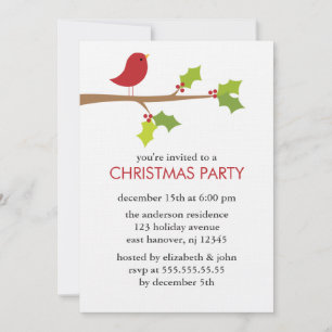Red Bird on a Branch Christmas Party Invitation