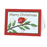 Red Bird on a Branch Merry Christmas Card<br><div class="desc">Red Bird on a Branch Merry Christmas Card featuring a red bird on a brand with green leaves and white snowflakes over a light blue background, outlined in red. The front reads "Merry Christmas" while the inside is personalised with your own holiday greeting. These holiday Christmas cards are perfect for...</div>