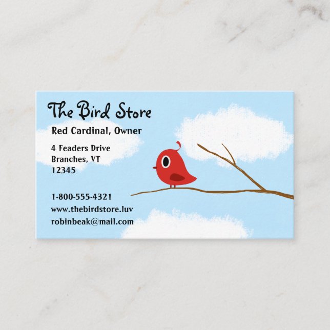 Red Bird on a Tree Branch with Cloudy Sky Business Card (Front)