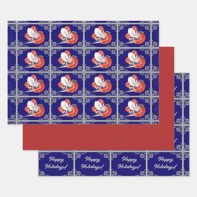 Red Bird on Blue-Red-Personalised Blue and Silver Wrapping Paper Sheet (Set)