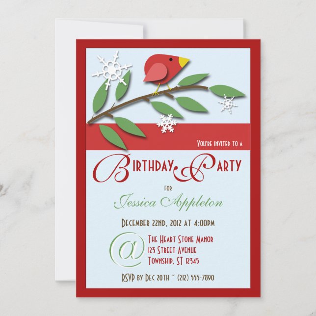 Red Bird on Branch - Birthday Party Invitations (Front)