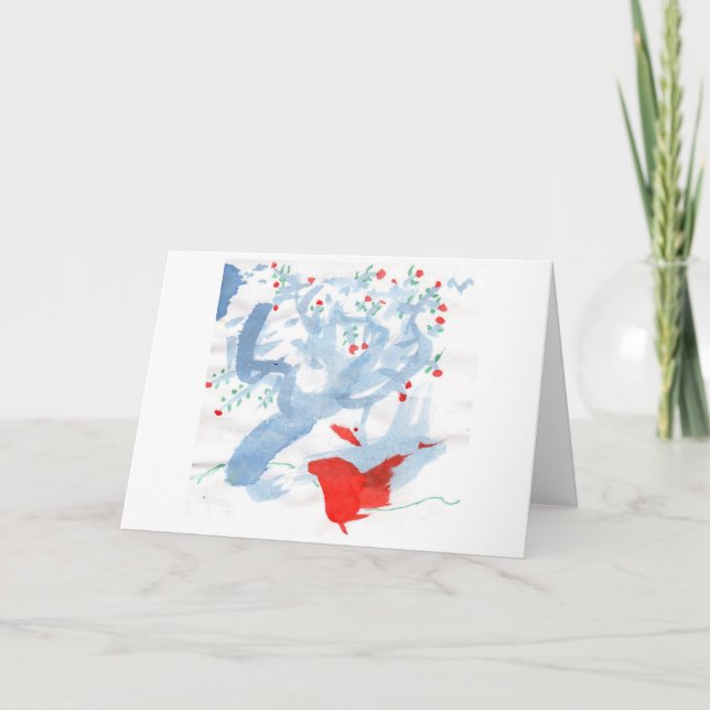 Red bird & red-berried tree note card (greeting) (Front)