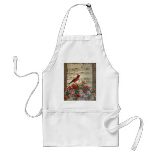 Red bird, & roses on vintage music sheet standard apron