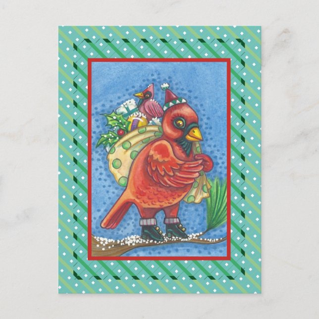 RED BIRD SANTA, GOOD CHEER CHRISTMAS CARDINAL HOLIDAY POSTCARD (Front)