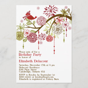Red Bird Whimsical Winter Birthday Invitation