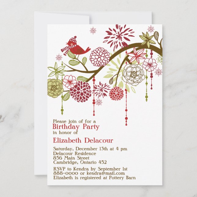 Red Bird Whimsical Winter Birthday Invitation (Front)