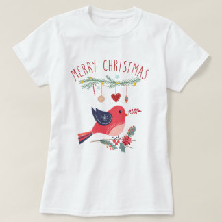 Red Bird & Wreath Scandinavian Christmas Folk Art  T-Shirt