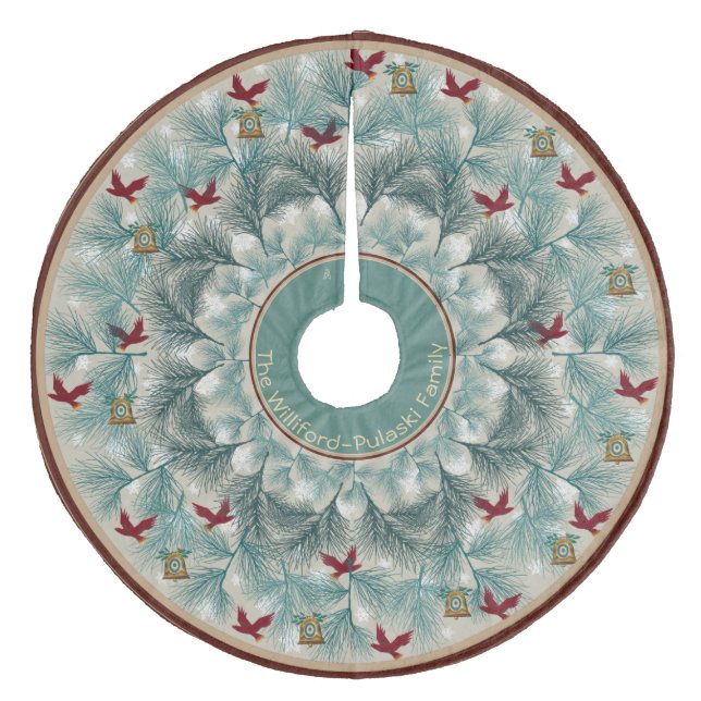 Red Birds and Wispy Pine Personalised Fleece Tree Skirt (Front)