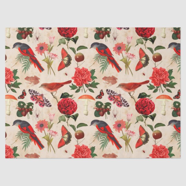 Red Birds Butterfly and Mushroom Decoupage Tissue Paper (Front)
