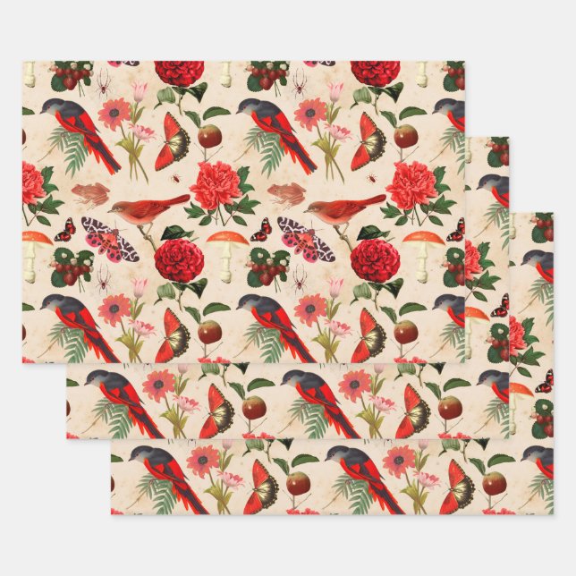 Red Birds Butterfly and Mushroom Wrapping Paper Sheet (Set)