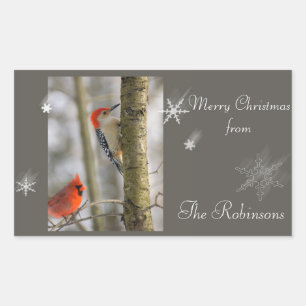 Red Birds Cardinal Woodpecker Snow Flake Christmas Rectangular Sticker