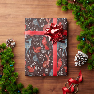 Red Birds, Deer, Rabbits on Brown Nordic Christmas Wrapping Paper