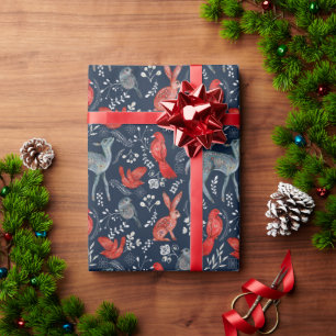 Red Birds, Deer, Rabbits on Navy Nordic Christmas Wrapping Paper