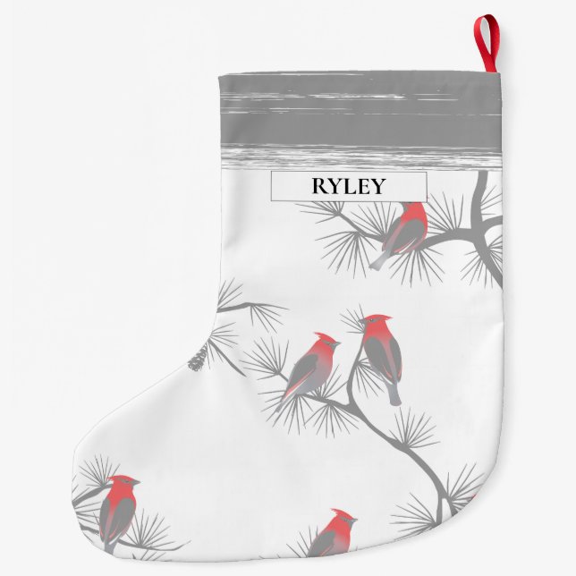 Red Birds Grey Branches Pattern Monogram  Large Christmas Stocking (Back)