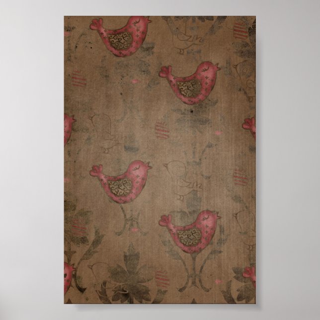 Red Birds on Brown Rustic Background Poster (Front)