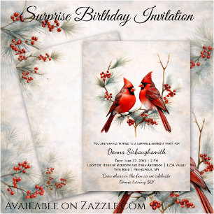 Red Birds on Snowy Pine Branch, Red Berries    Invitation